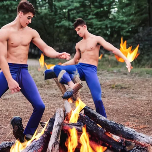 Image similar to male college gymnasts performing stunts around a campfire