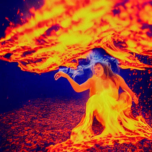 Prompt: woman covered in fire flames, underwater, 35mm film