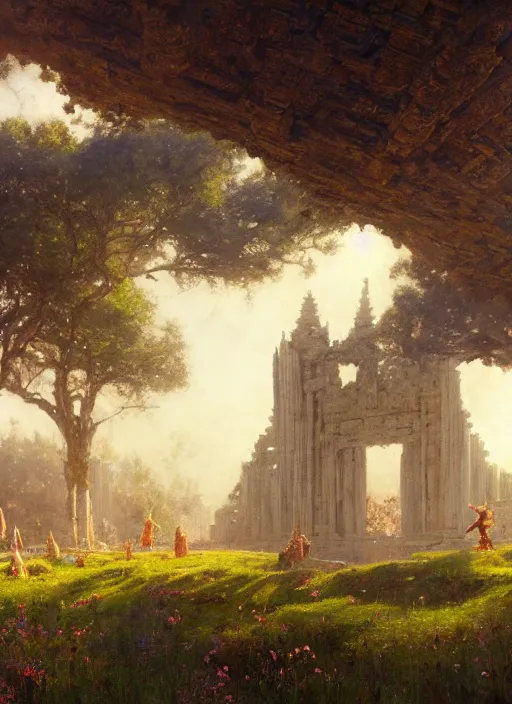 Image similar to giant castle temple megastructure in meadow by gaston bussiere, anna nikonova aka newmilky, greg rutkowski, yoji shinkawa, yoshitaka amano, moebius, donato giancola, geoffroy thoorens, trending on artstation, pixiv, cinematic composition, 8 k