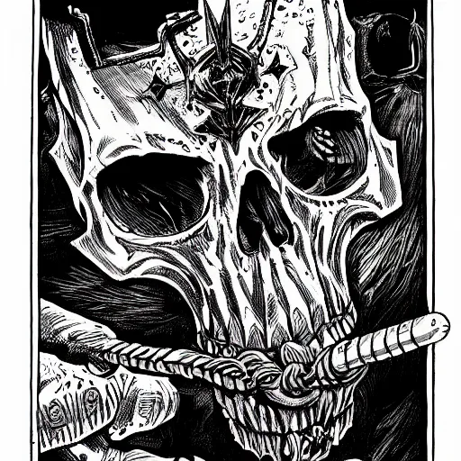 Prompt: precisely drawn illustration of black metal skull mace, wide angle, sharp, fine details, french comic style, vibrant realistic colors, full color, heroic fantasy, intense line art, 8 k, precise linework, realistic, in the style of heavy metal comics and richard corben and moebius