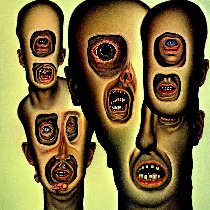 Image similar to a face coming out of a face coming out of a face, recursion, surreal, by salvador dali and david firth, oil on canvas, weird, dreams, soft lighting, warm colors