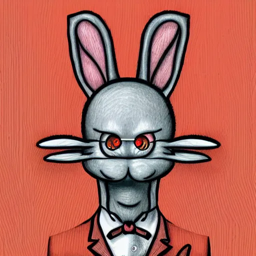 Image similar to a detailed portrait of a creepy bunny wearing an anonymous mask dressed in a suit having neon eyes, epic, cinematic, very detailed, creepy, horror, dreamscape, hdr, dark, shadows