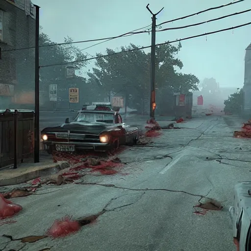 Prompt: mayberry rfd, main street with Andy Griffith, in silent hill style horror zombies death unreal engine