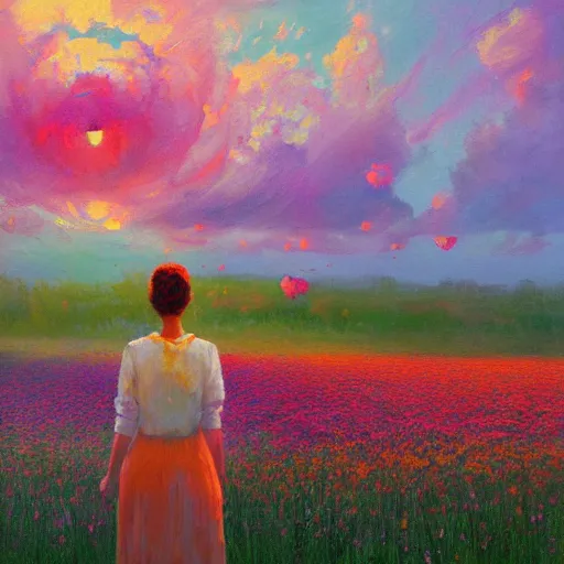 Prompt: woman with a flower face standing in flower field, surreal painting, sunrise, impressionism, colorful clouds, artstation, simon stalenhag