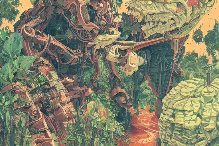 Image similar to gigantic mecha head, a lot of exotic vegetation, trees, flowers by moebius, dull colors, junji ito, tristan eaton, victo ngai, artgerm, rhads, ross draws, hyperrealism, intricate detailed, risograph