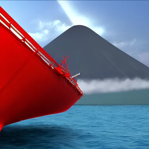 Prompt: steel structure architecture building in the middle of sea with a volcano background, red ship, blue color scheme, realistic, 8 k, artstation.