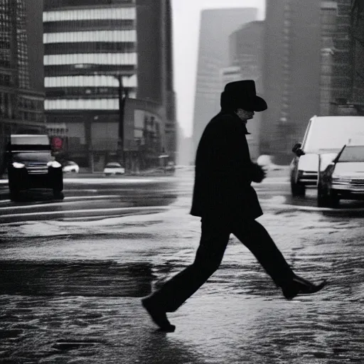 Image similar to a photograph of a man running down the street wearing a hat on a rainy day on expired kodak film, 3 5 mm