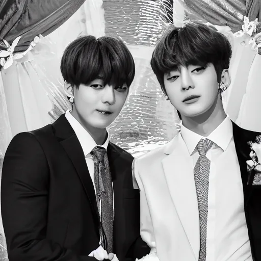 Image similar to jungkook and taehyung of bts getting married in las vegas, 8 k, ultra realistic, closeup