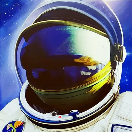 Image similar to “nigerian female astronaut on board international space station wearing space suit and translucent helmet, highly detailed, realistic, portrait, photorealistic, proportional, beauty, fish eye lens, nasa, spacex, in the style of Edward hooper oil painting sun rising”