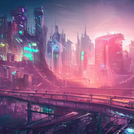 Image similar to futuristic city with neon lights and flying cars panoramic view surrounded by post apocalyptic wasteland, concept art, 4 k, intricate detail, sharp focus, by feng zhu
