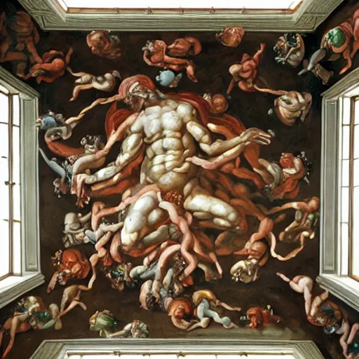 Image similar to realistic biblical painting of the flying spaghetti monster, on the ceiling of the sistine chapel, painted by michaelangelo