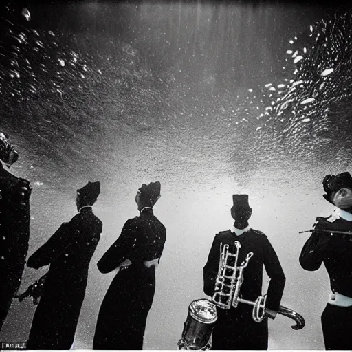 Image similar to Underwater photo of a marching band by Trent Parke, clean, detailed, Magnum photos