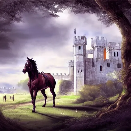 Image similar to plano general de un caballero montado a caballo, colina de fondo con castillo medieval. digital art, art station, realista,