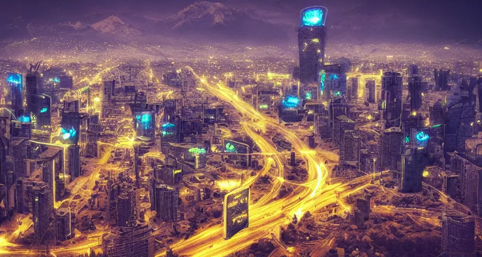 Image similar to alien invasion to santiago de chile, lights, high detail, cyberpunk, dream