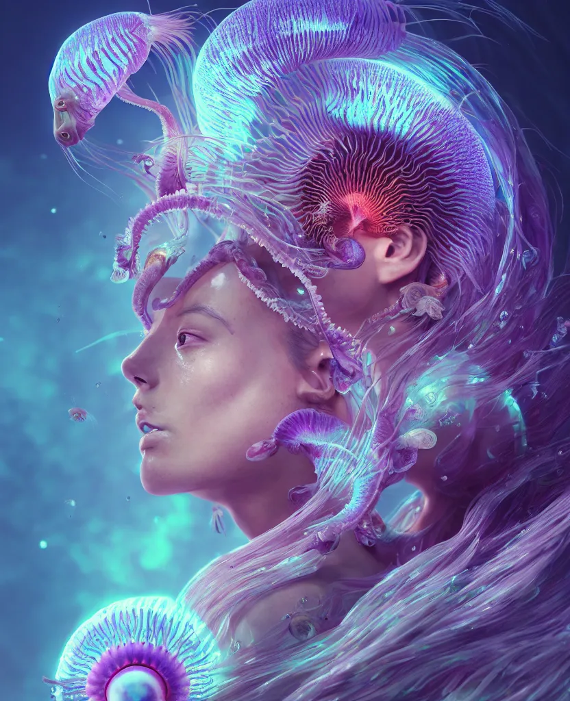 Image similar to goddess close-up portrait. orchid jellyfish phoenix head, nautilus, skull, betta fish, bioluminiscent creatures, intricate artwork by Tooth Wu and wlop and beeple. octane render, trending on artstation, greg rutkowski very coherent symmetrical artwork. cinematic, hyper realism, high detail, octane render, 8k