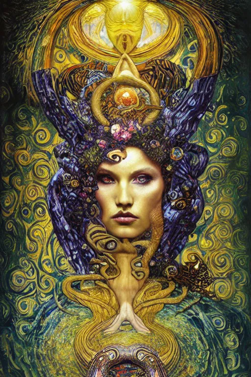 Image similar to Rebirth by Karol Bak, Jean Deville, Gustav Klimt, and Vincent Van Gogh, mysterious portrait of a sacred serpent, Surreality, radiant halo, shed iridescent snakeskin, otherworldly, fractal structures, celestial, arcane, ornate gilded medieval icon, third eye, spirals