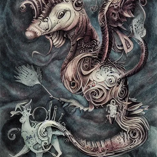 Image similar to strange mythical beasts of whimsy, surreal dark ink wash colllage by Ronny Khalil