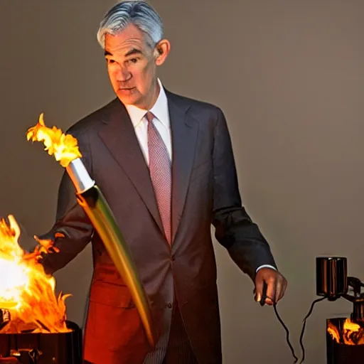 Image similar to photo of Jerome Powell using a flamethrower projecting a long flame. award-winning, highly-detailed