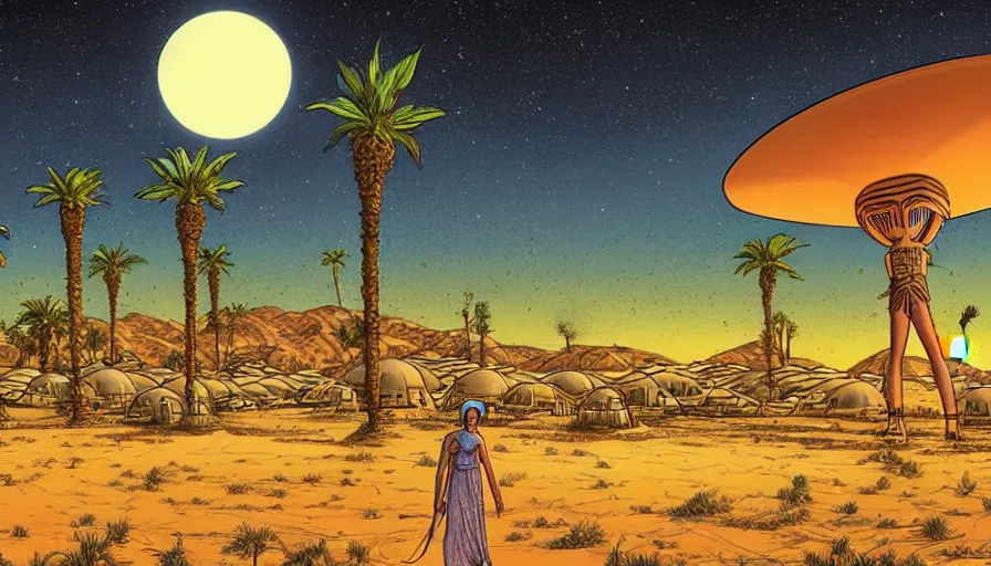 Prompt: an arabian desert village during an alien invasion at night, a big flying saucer ufo in the sky, dunes, oasis, palm trees, an arab standing watching over, artwork by arthur adams