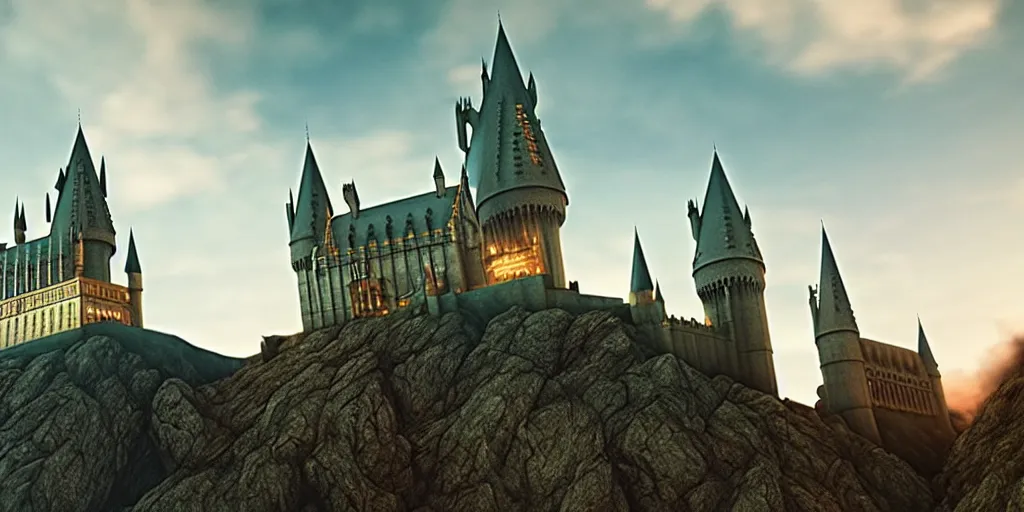 Prompt: film still. screenshot. hogwarts castle. landscape. during golden hour. cinematic lighting. directed by christopher nolan and denis villeneuve. extremely detailed. 4 k.