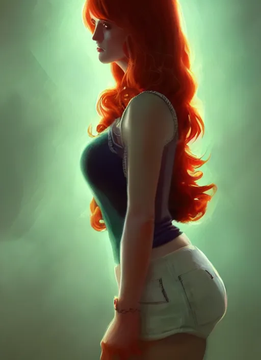 Image similar to full body portrait of teenage cheryl blossom, bangs, green eyes, mischievous expression, red hair, sultry smirk, bangs and wavy hair, intricate, elegant, glowing lights, highly detailed, digital painting, artstation, concept art, smooth, sharp focus, illustration, art by wlop, mars ravelo and greg rutkowski