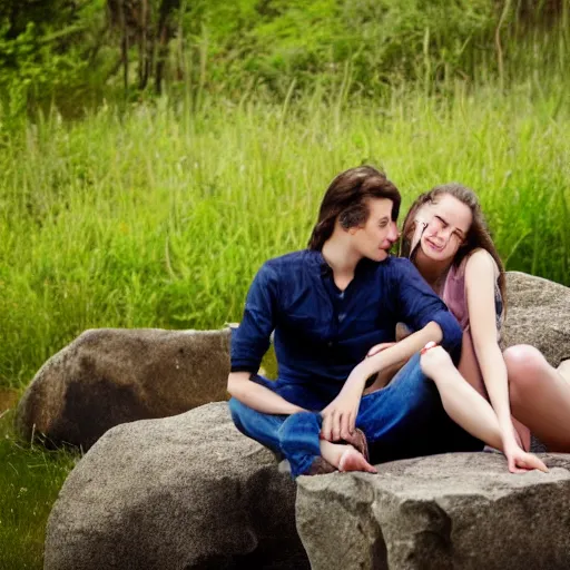 Prompt: boyfriend and girlfriend sitting together on a large square rock,