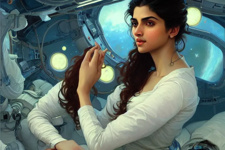 Image similar to Sensuous good looking pale young Indian doctors wearing jeans in a space station above Earth, portrait, elegant, intricate, digital painting, artstation, concept art, smooth, sharp focus, illustration, art by artgerm and greg rutkowski and alphonse mucha