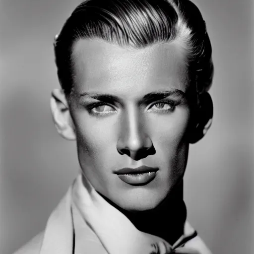 Prompt: a close - up photography of a blond spanish male! actor from the 1 9 3 0 s. high cheekbones. good bone structure. dressed in 1 9 4 0 s style. butterfly lightning. key light sculpting the cheekbones. by george hurrell.