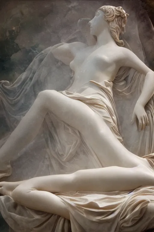 Image similar to A beautiful oil painting of a Ancient Greek Marble Sculpture of a Greek Goddess lying on a silk cloth, fog, volumetric lighting, summer, hyperrealistic, hyperdetailed.