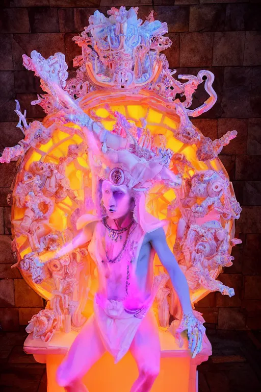 Prompt: full-body rococo and cyberpunk delicate neon crystalline sculpture of ((young muscular onyx albino Colombian prince)) as an iridescent humanoid deity wearing ((peach plastic hooded cloak)) (holding a human skull) in a white castle dungeon, reclining, glowing pink face, crown of (pink lasers), large blue diamonds, swirling black silk fabric. futuristic elements. oozing glowing liquid, full-length view. space robots. intricate artwork by caravaggio. Trending on artstation, octane render, cinematic lighting from the right, hyper realism, octane render, 8k, depth of field, 3D