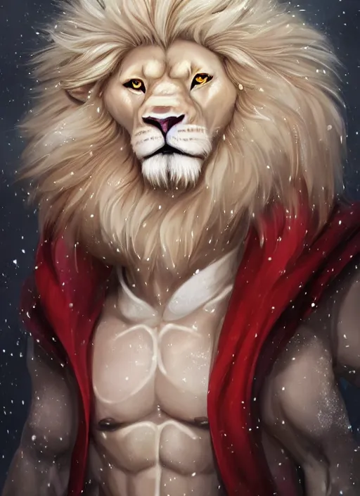 Image similar to award winning beautiful portrait commission of a male furry anthro albino lion with tattoos on his muscular belly with a beautiful hyperdetailed attractive outfit and face wearing a golden and red winter cozy outfit with red background and white snow falling around lion. Character design by charlie bowater, ross tran, and makoto shinkai, detailed, inked, western comic book art