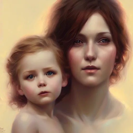 Image similar to love is patient love is kind, mother and child ; photorealistic oil painting by charlie bowater and mark blooms ; highly detailed cute faces by wlop ; trending on artstation