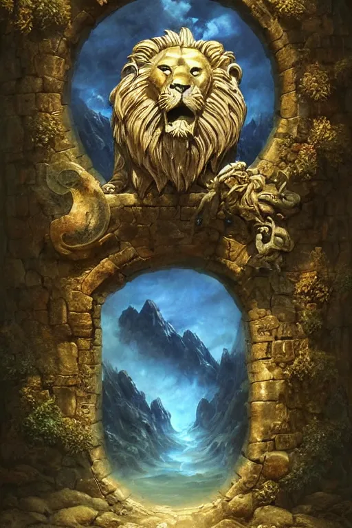 Image similar to A giant medieval fantasy blue energy portal gate with a rusty gold carved lion face at the center of it, the portal takes you to another world, full of colorful flowers on the lost Vibes and mountains in the background, spring, delicate fog, sea breeze rises in the air, by andreas rocha and john howe, and Martin Johnson Heade, featured on artstation, featured on behance, golden ratio, ultrawide angle, f32, well composed, rule of thirds, center spotlight, low angle view