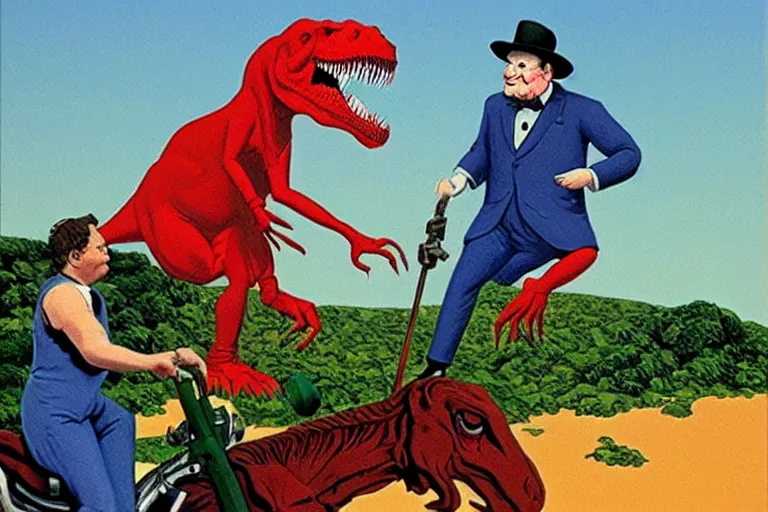 Prompt: Winston Churchill riding a T-Rex, painting by Jean Giraud and René Magritte and Gary Panter, claymation in octane