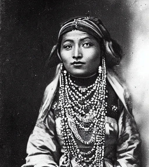 Image similar to vintage_portrait_photo_of_a_beautiful_nepalese_Victorian maiden in the himalayan mountains