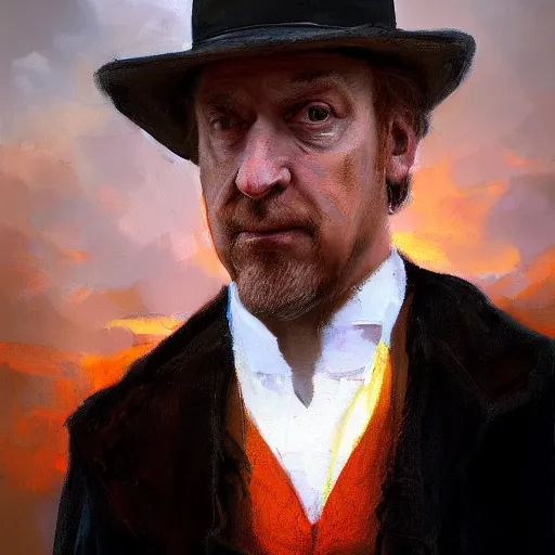 Prompt: painting of saul goodman, rembrandt, artstation, photorealistic painting, evening shot, orange lighting