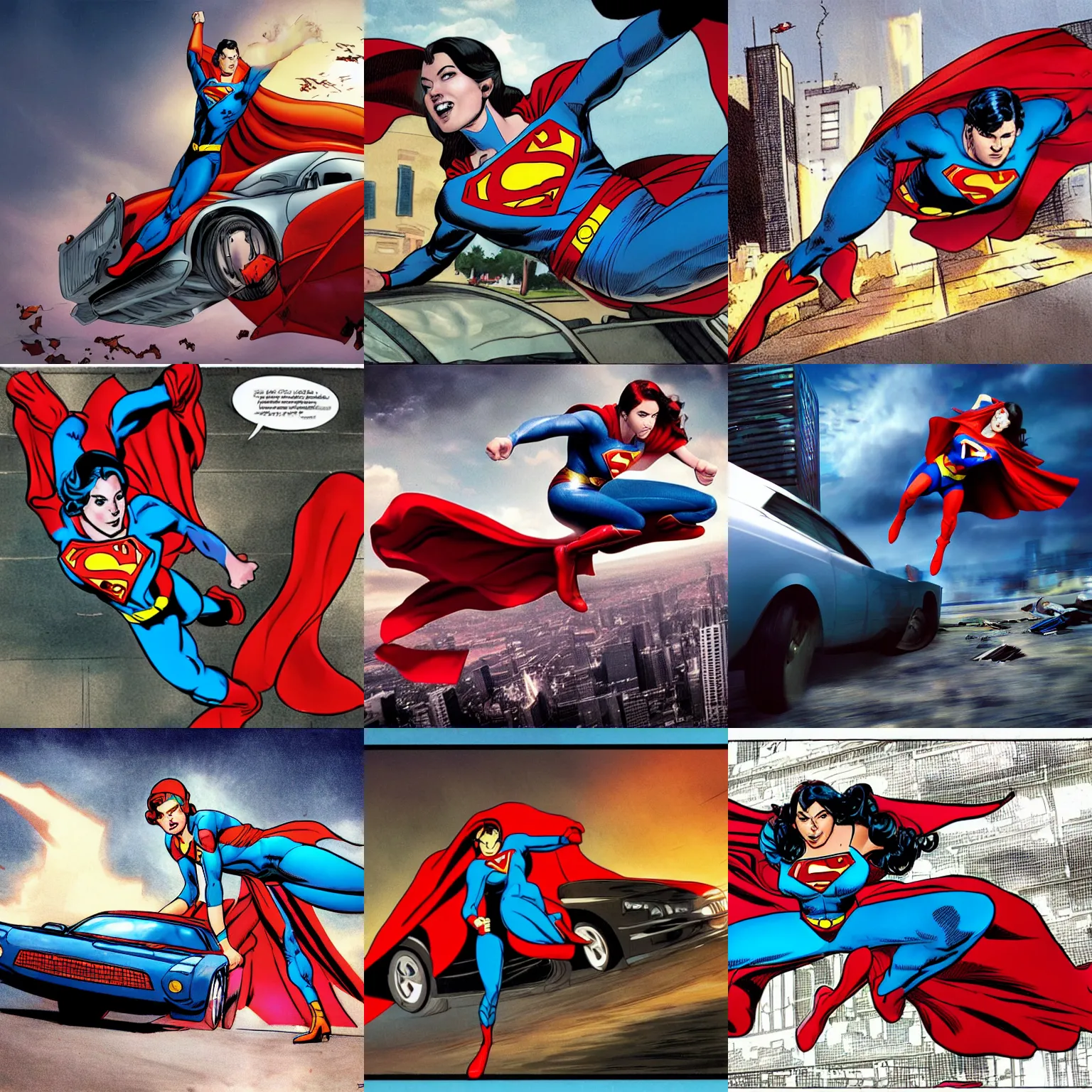 Prompt: a young woman in a superman costume is pushing a car off the ground, a comic book panel by zack snyder, featured on deviantart, hyperrealism, marvel comics, dc comics, xbox 3 6 0 graphics