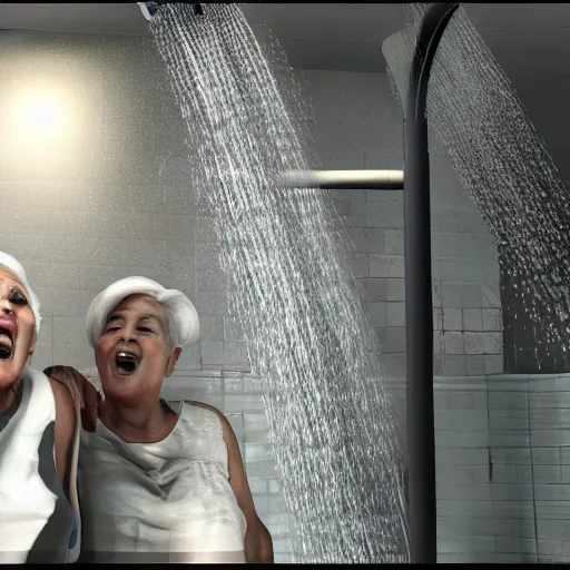 Image similar to Three old ladies shouting into a shower head, unreal engine, high detail