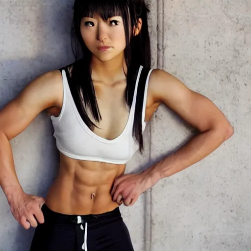 Prompt: “an action photoshoot of akane owari, akane owari danganronpa, top heavy, a toned Japanese young woman with dark tanned skin and wild wavy brown hair in a bob, hazel eyes, athletic fashion photography, sparring, dynamic pose, young and beautiful, white tank top, magazine cover, Japanese facial features, full of energy”