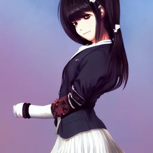 Prompt: luxury advertisement, astonishing portrait of a very beautiful anime schoolgirl with black bob hair, full perfect face, she is dancing. Realistic, highly detailed background, artstation, 120 degree view, drawn by Sasoura, Satchely and Akihiko Yoshida, no distortion
