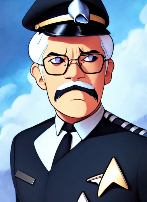 Image similar to cute star trek officer colonel sanders, natural lighting, path traced, highly detailed, high quality, digital painting, by don bluth and ross tran and studio ghibli and alphonse mucha, artgerm