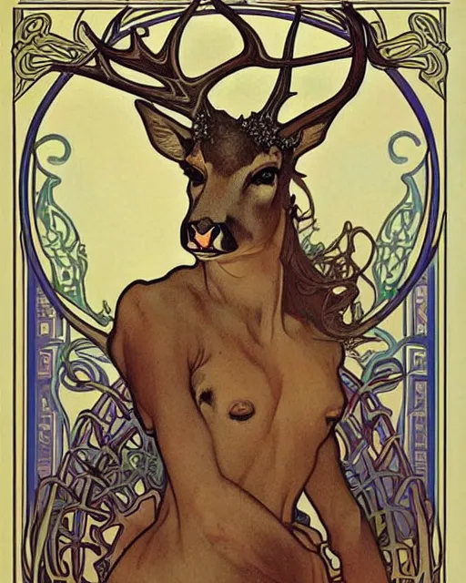 Prompt: an art nouveau painting of a deer with antlers, highly detailed, intricate, artstation, by alphonse mucha