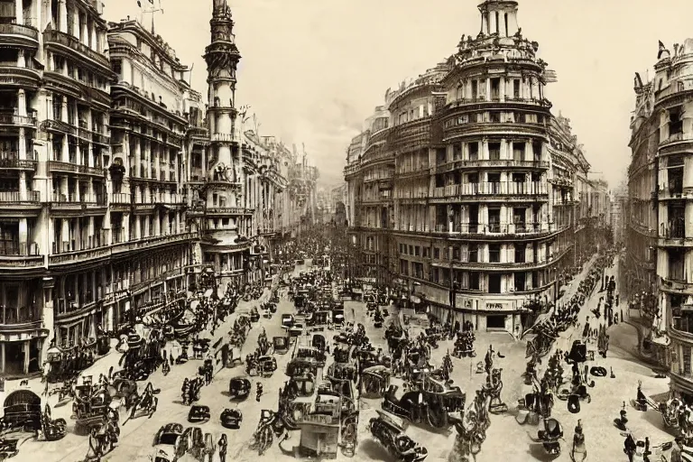 Image similar to The Madrid Gran Vía, steampunk, Victorian era style, 1890 photo, retro futuristic, highly detailed, hyper realistic