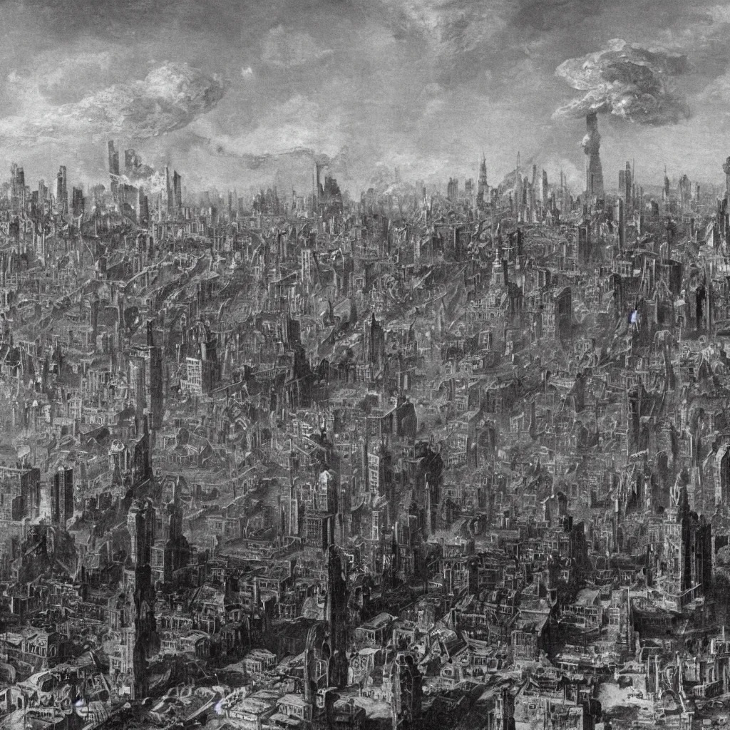 Prompt: [a nuclear explosion in a city center] in the center, [a baroque futuristic city skyline in the background], [nuclear explosions and fire]