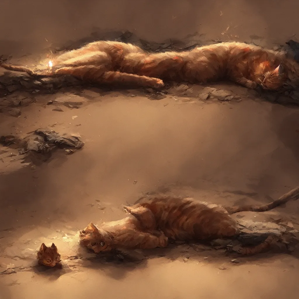 Image similar to cat laying on bed in under ground base, concept art, by greg rutkowski, fire