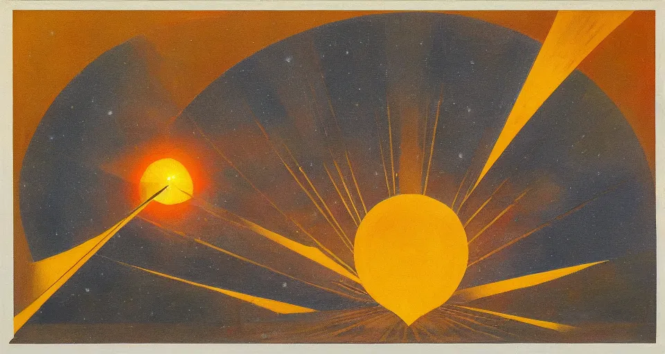 Prompt: hexagonal solar sail between the sun and earth, art deco painting