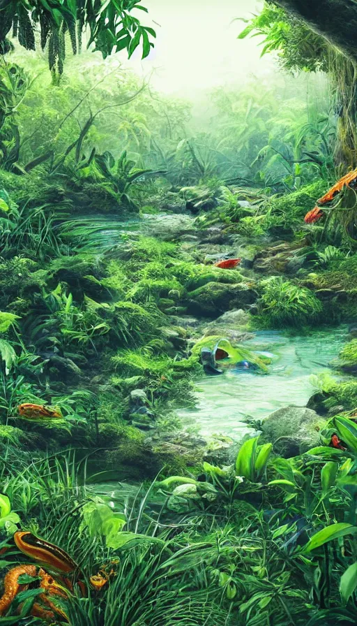 Prompt: inside a wild jungle, many animals, pigeots, snakes, toxic flowers, lianas, high trees, hyperrealistic, 4 k, artstation, ultra detailed, river, much green, blue sky, sunny weather, colorful frogs, stones in river, mystical lighting, shadows, many plants, grass, tiger