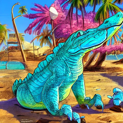 Prompt: furry art, buff scalie alligator at the beach smiling at the camera, bright colours, front page of art station, detailed, perspective angle, strong pose, global illumination, rim lighting