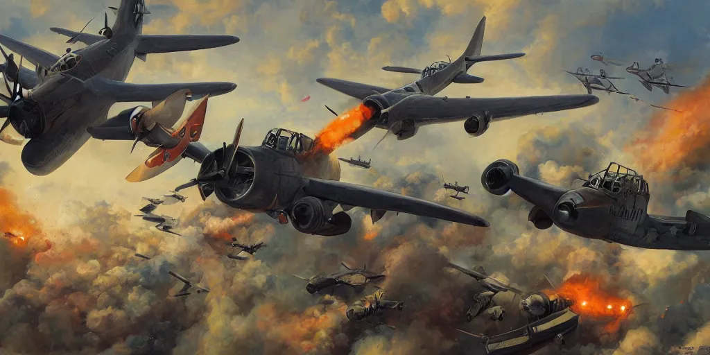 Image similar to airplane battle, ww2, world war 2, wide shot, by Jason Felix by Steve Argyle by Tyler Jacobson by Peter Mohrbacher