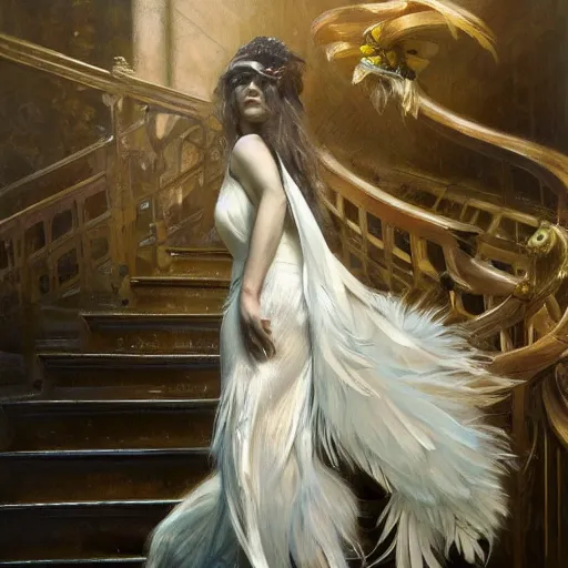 Prompt: hyperrealistic portrait of a woman as amber heard running down a staircase noir white swan dress wearing sapphire jewellery feather collar by jeremy mann and alphonse mucha, fantasy art, photo realistic, dynamic lighting, artstation, poster, volumetric lighting, very detailed faces, 4 k, award winning